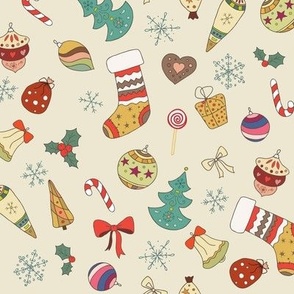 Cute colorful doodle Christmas hand drawn pattern on light yellow retro background