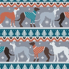 Normal scale // Happy pawlidays fair isle greyhounds // teal and grey background cute dogs dressed with orange and teal knitted Christmas ugly sweaters
