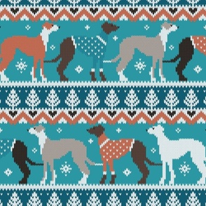 Normal scale // Happy pawlidays fair isle greyhounds // teal background cute dogs dressed with orange and teal knitted Christmas ugly sweaters