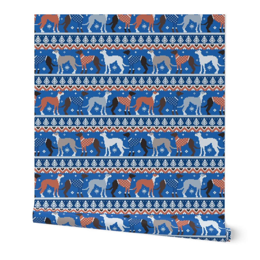 Normal scale // Happy pawlidays fair isle greyhounds // classic and electric blue background cute dogs dressed with orange and blue knitted Christmas ugly sweaters