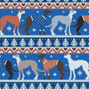 Normal scale // Happy pawlidays fair isle greyhounds // classic and electric blue background cute dogs dressed with orange and blue knitted Christmas ugly sweaters