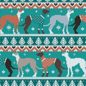 Normal scale // Happy pawlidays fair isle greyhounds // pine and java green background cute dogs dressed with orange and green knitted Christmas ugly sweaters