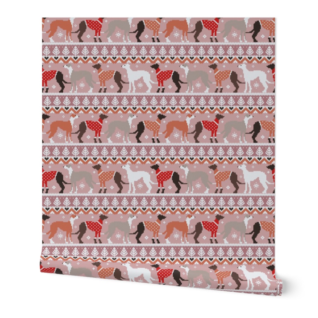 Normal scale // Happy pawlidays fair isle greyhounds // dry rose and careys pink background cute dogs dressed with orange and red knitted Christmas ugly sweaters