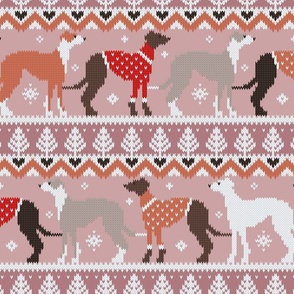 Normal scale // Happy pawlidays fair isle greyhounds // dry rose and careys pink background cute dogs dressed with orange and red knitted Christmas ugly sweaters
