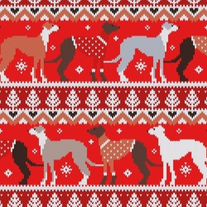 Normal scale // Happy pawlidays fair isle greyhounds // fire brick and fire engine red background cute dogs dressed with orange and red knitted Christmas ugly sweaters