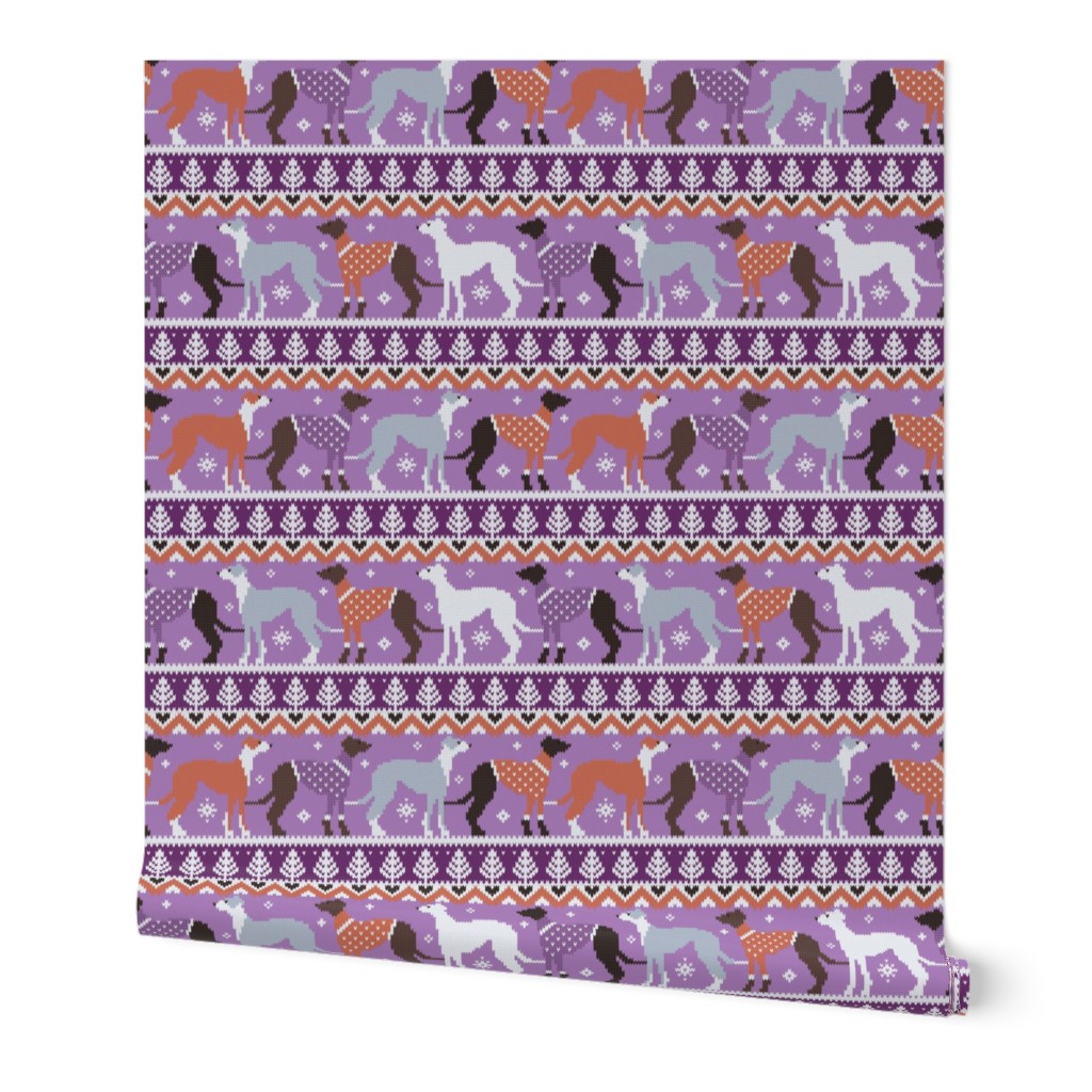 Normal scale // Happy pawlidays fair isle greyhounds // seance purple and east side violet background cute dogs dressed with orange and violet knitted Christmas ugly sweaters