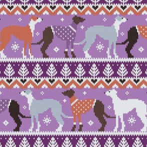 Normal scale // Happy pawlidays fair isle greyhounds // seance purple and east side violet background cute dogs dressed with orange and violet knitted Christmas ugly sweaters
