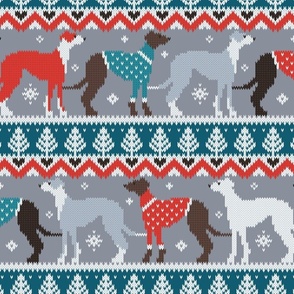 Normal scale // Happy pawlidays fair isle greyhounds // teal and grey background cute dogs dressed with orange and red knitted Christmas ugly sweaters