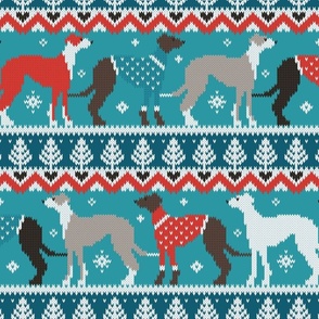 Normal scale // Happy pawlidays fair isle greyhounds // teal background cute dogs dressed with teal and red knitted Christmas ugly sweaters