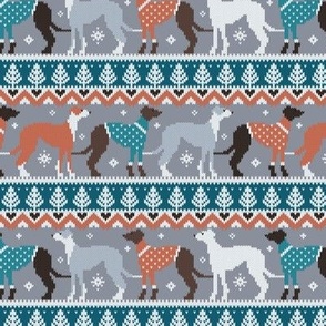 Small scale // Happy pawlidays fair isle greyhounds // teal and grey background cute dogs dressed with orange and teal knitted Christmas ugly sweaters