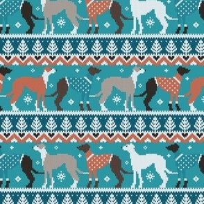 Small scale // Happy pawlidays fair isle greyhounds // teal background cute dogs dressed with orange and teal knitted Christmas ugly sweaters