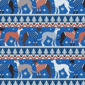 Small scale // Happy pawlidays fair isle greyhounds // classic and electric blue background cute dogs dressed with orange and blue knitted Christmas ugly sweaters