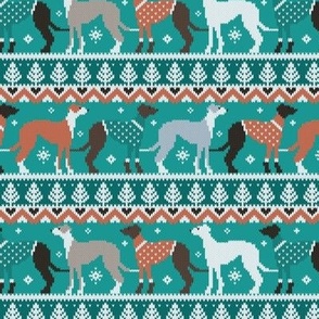 Small scale // Happy pawlidays fair isle greyhounds // pine and java green background cute dogs dressed with orange and green knitted Christmas ugly sweaters