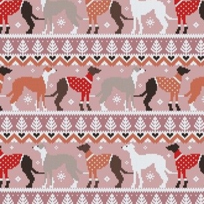 Small scale // Happy pawlidays fair isle greyhounds // dry rose and careys pink background cute dogs dressed with orange and red knitted Christmas ugly sweaters