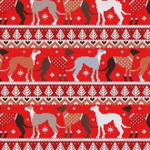 Small scale // Happy pawlidays fair isle greyhounds // fire brick and fire engine red background cute dogs dressed with orange and red knitted Christmas ugly sweaters
