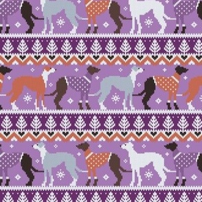 Small scale // Happy pawlidays fair isle greyhounds // seance purple and east side violet background cute dogs dressed with orange and violet knitted Christmas ugly sweaters