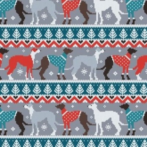 Small scale // Happy pawlidays fair isle greyhounds // teal and grey background cute dogs dressed with orange and red knitted Christmas ugly sweaters