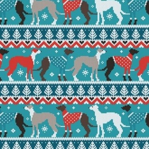 Small scale // Happy pawlidays fair isle greyhounds // teal background cute dogs dressed with teal and red knitted Christmas ugly sweaters