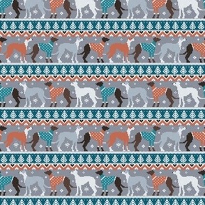 Tiny scale // Happy pawlidays fair isle greyhounds // teal and grey background cute dogs dressed with orange and teal knitted Christmas ugly sweaters