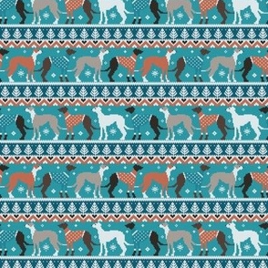 Tiny scale // Happy pawlidays fair isle greyhounds // teal background cute dogs dressed with orange and teal knitted Christmas ugly sweaters