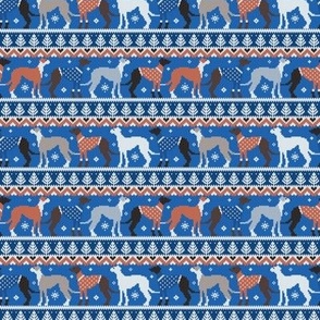 Tiny scale // Happy pawlidays fair isle greyhounds // classic and electric blue background cute dogs dressed with orange and blue knitted Christmas ugly sweaters