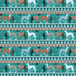 Tiny scale // Happy pawlidays fair isle greyhounds // pine and java green background cute dogs dressed with orange and green knitted Christmas ugly sweaters