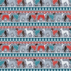 Tiny scale // Happy pawlidays fair isle greyhounds // teal and grey background cute dogs dressed with orange and red knitted Christmas ugly sweaters