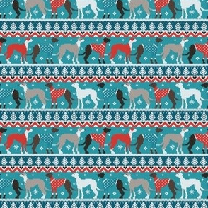 Tiny scale // Happy pawlidays fair isle greyhounds // teal background cute dogs dressed with teal and red knitted Christmas ugly sweaters