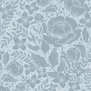 Peonies damask large scale , wallpaper art nouveau - grayish blue 