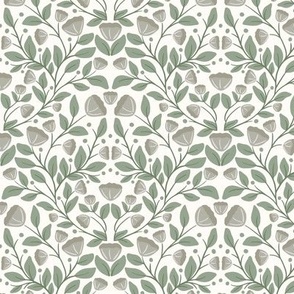 Neutral Sage Green and Warm Grey Floral Damask Small Scale