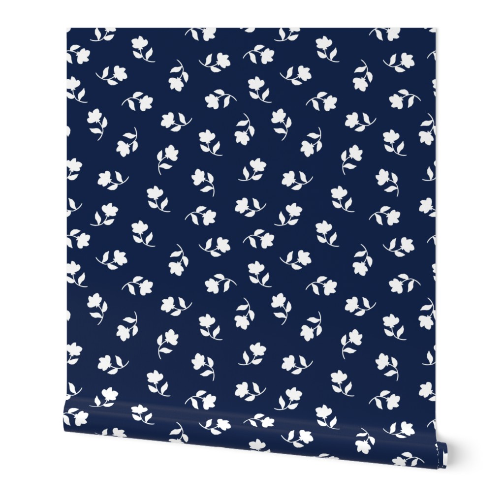 Silhouette Tossed Spot White on Midnight Blue, Tropical Floral Oasis, medium