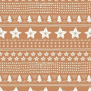 Christmas holiday plaid - stars and christmas trees seasonal patchwork mudcloth design traditional holiday design white on caramel brown vintage seventies palette