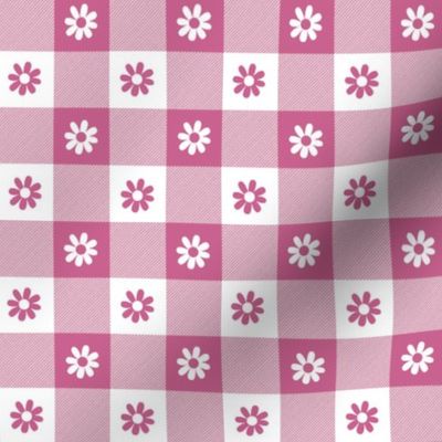 Peony Pink and White Gingham Check with Center Floral Medallions in Peony and White