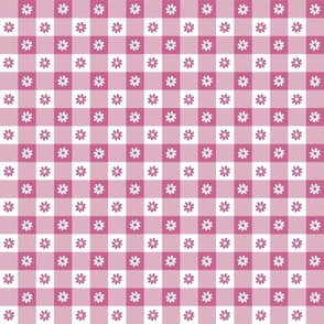 Peony Pink and White Gingham Check with Center Floral Medallions in Peony and White