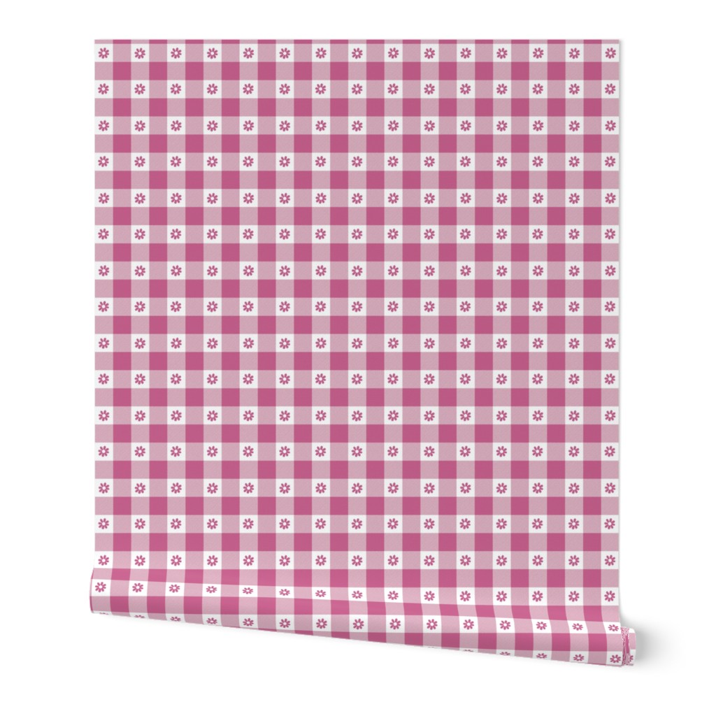 Peony Pink and White Gingham Check with Center Floral Medallions in Peony