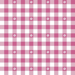 Peony Pink and White Gingham Check with Center Floral Medallions in White
