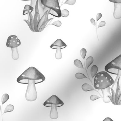 Woodland Mushrooms Gray Watercolor 