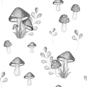 Woodland Mushrooms Gray Watercolor 