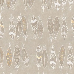 Feathers in White and Gold on Sand | Hand drawn feather pattern, feather fabric in fresh white and gold on taupe linen pattern.