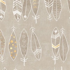 Feathers in White and Gold on Sand (large scale) | Hand drawn feather pattern, feather fabric in fresh white and gold on taupe linen pattern.