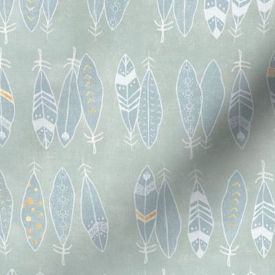 Feathers in White and Gold on Sea Mist | Hand drawn feather pattern, feather fabric in fresh white and gold on blue green linen pattern.