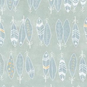 Feathers in White and Gold on Sea Mist | Hand drawn feather pattern, feather fabric in fresh white and gold on blue green linen pattern.