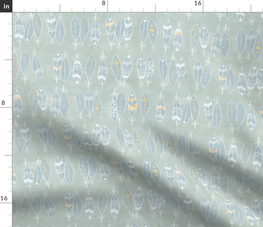 Feathers in White and Gold on Sea Mist | Hand drawn feather pattern, feather fabric in fresh white and gold on blue green linen pattern.