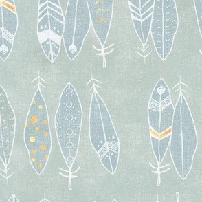 Feathers in White and Gold on Sea Mist (large scale) | Hand drawn feather pattern, feather fabric in fresh white and gold on blue green linen pattern.