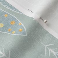 Feathers in White and Gold on Sea Mist (xl scale) | Hand drawn feather pattern, feather fabric in fresh white and gold on blue green linen pattern.