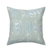 Feathers in White and Gold on Sea Mist (xl scale) | Hand drawn feather pattern, feather fabric in fresh white and gold on blue green linen pattern.