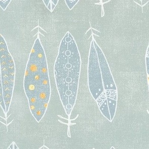 Feathers in White and Gold on Sea Mist (xl scale) | Hand drawn feather pattern, feather fabric in fresh white and gold on blue green linen pattern.