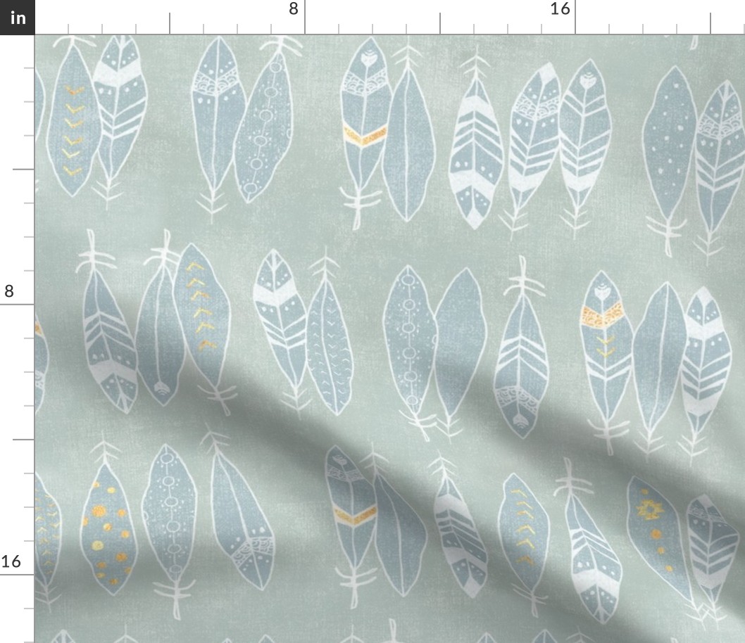 Feathers in White and Gold on Sea Mist (xl scale) | Hand drawn feather pattern, feather fabric in fresh white and gold on blue green linen pattern.