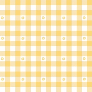 Buttercup Yellow and White Gingham Check with Center Floral Medallions in Yellow