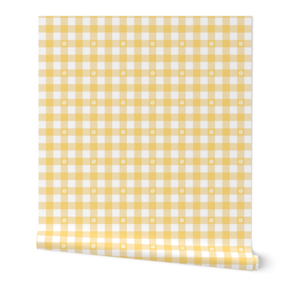 Buttercup Yellow and White Gingham Check with Center Floral Medallions in White